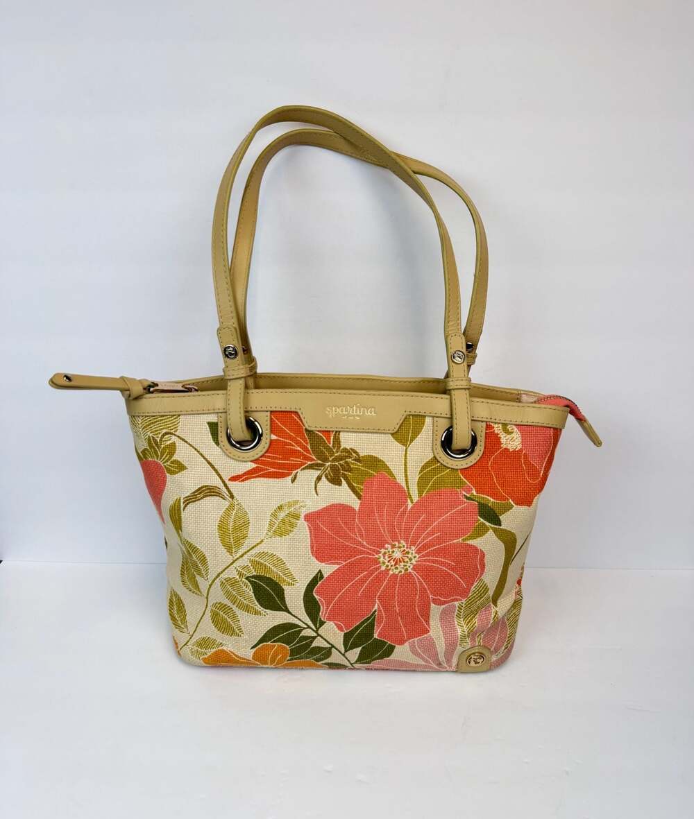 Spartina 449 Island Tote Bag with Floral Print Canvas and Leather Trim SKU-D6